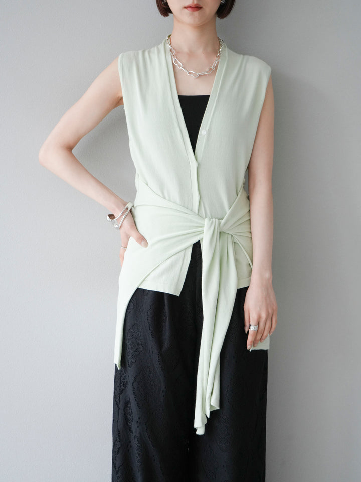 [SET]腰巻きデザインノースリーブニットカーディガン+レースタックイージーパンツ(2set)