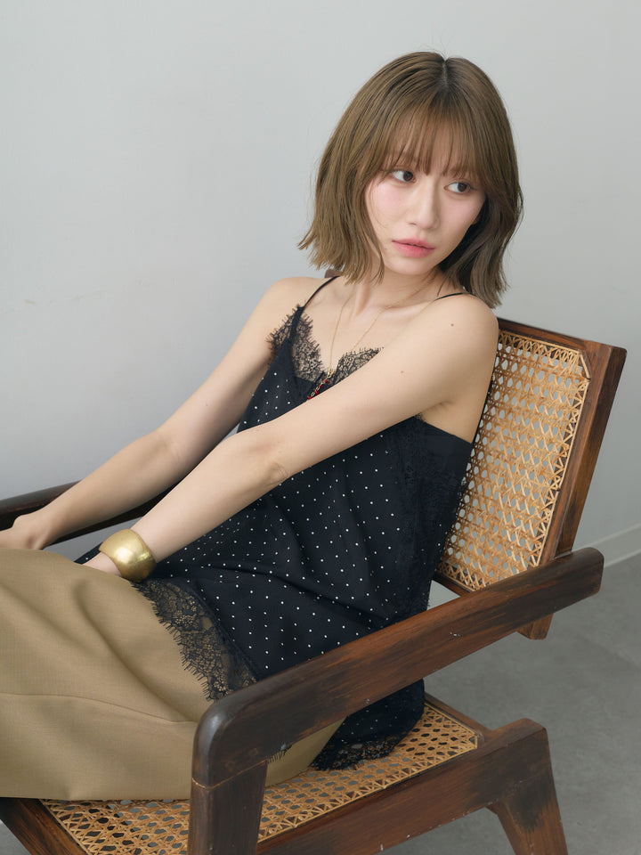 [SET]ジョーゼットドットレースキャミソール+クレープデシンタックワイドパンツ(2set)