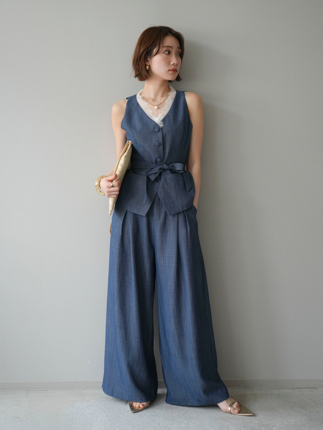 【套裝】蕾絲邊背心和垂褶褲套裝（2 套）