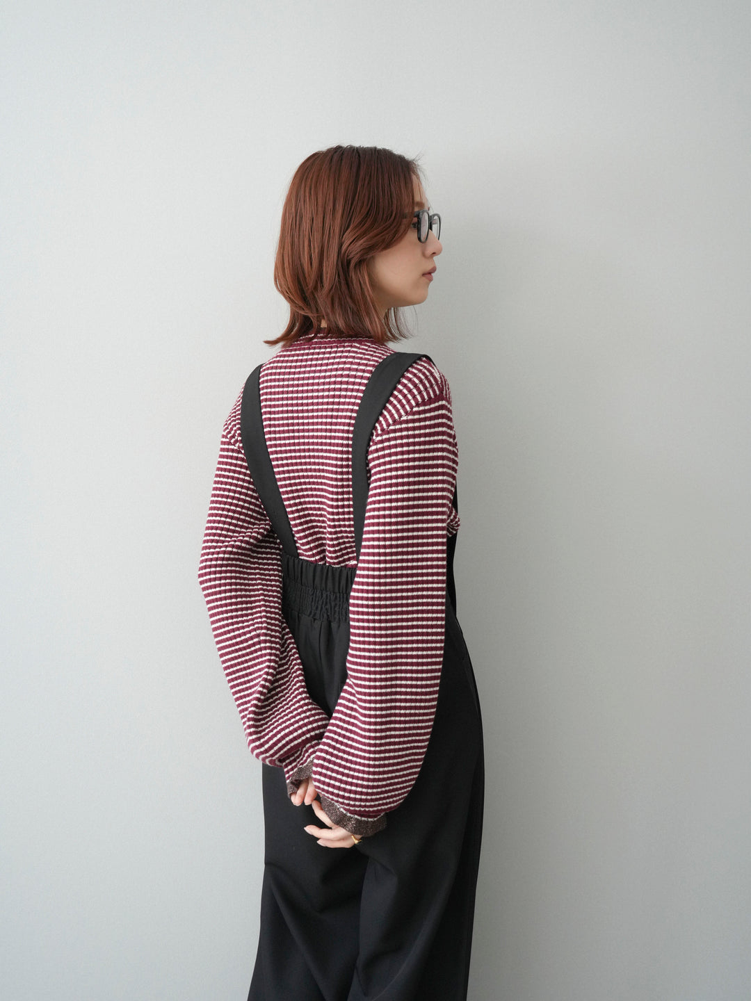 [SET]ラメ異素材ボーダーリブニットプルオーバー+ゴールドボタンサスペンダーワイドパンツ(2set)