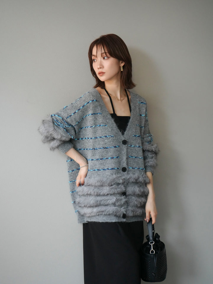 [予約]フェザーライン配色シャギーニットカーディガン/グレー
