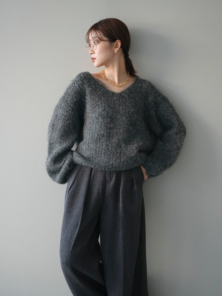 [予約]ウールタッチラメミックスヤーンVネックニットプルオーバー/charcoal