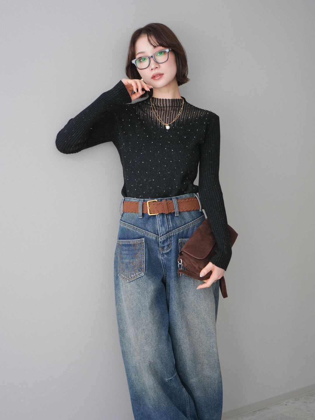 [SET]シアー切替スパンコールリブニットトップス+ベルト付ポケット刺繍カーブデニムパンツ(2set)