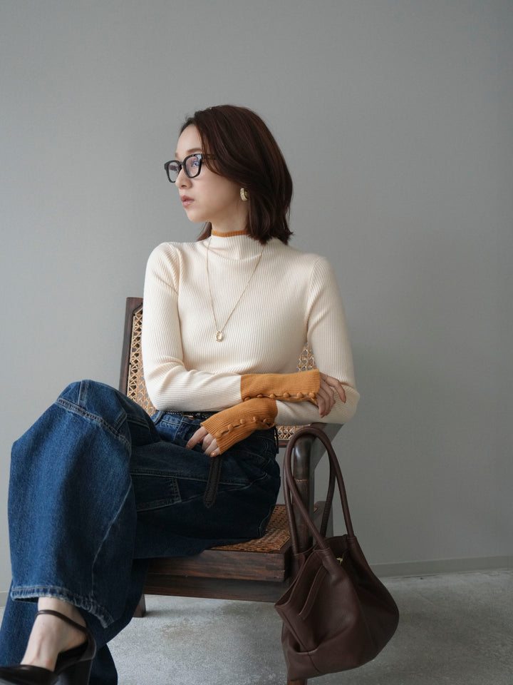 [SET]袖ボタンハイネック配色リブニットトップス+袖ボタンハイネック配色リブニットトップス(2set)