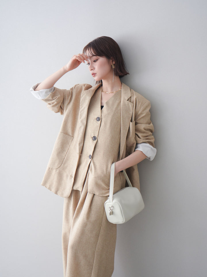 [SET]リネンライクテーラードジャケット+リネンライクバックオープンジレ+リネンライクタックワイドパンツ(3set)
