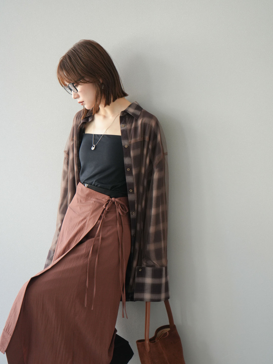 [予約]チュールドッキングチェック柄オーバーサイズシャツ/ブラウン
