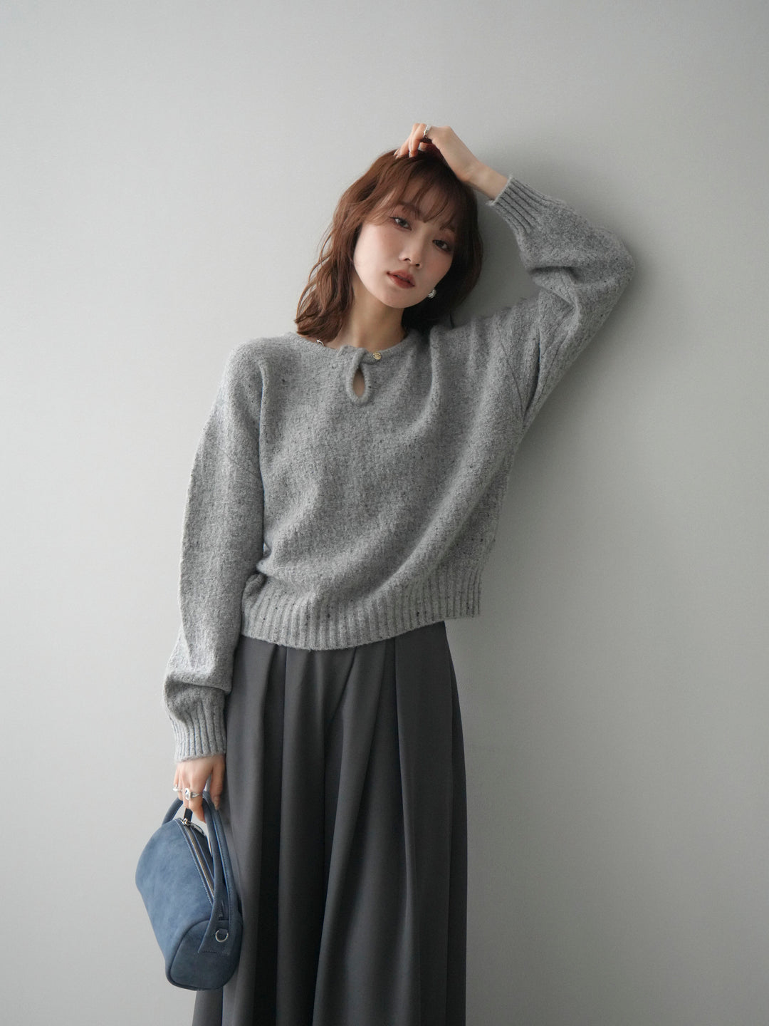 [予約]ツイストネックラメネップヤーンニットプルオーバー/gray