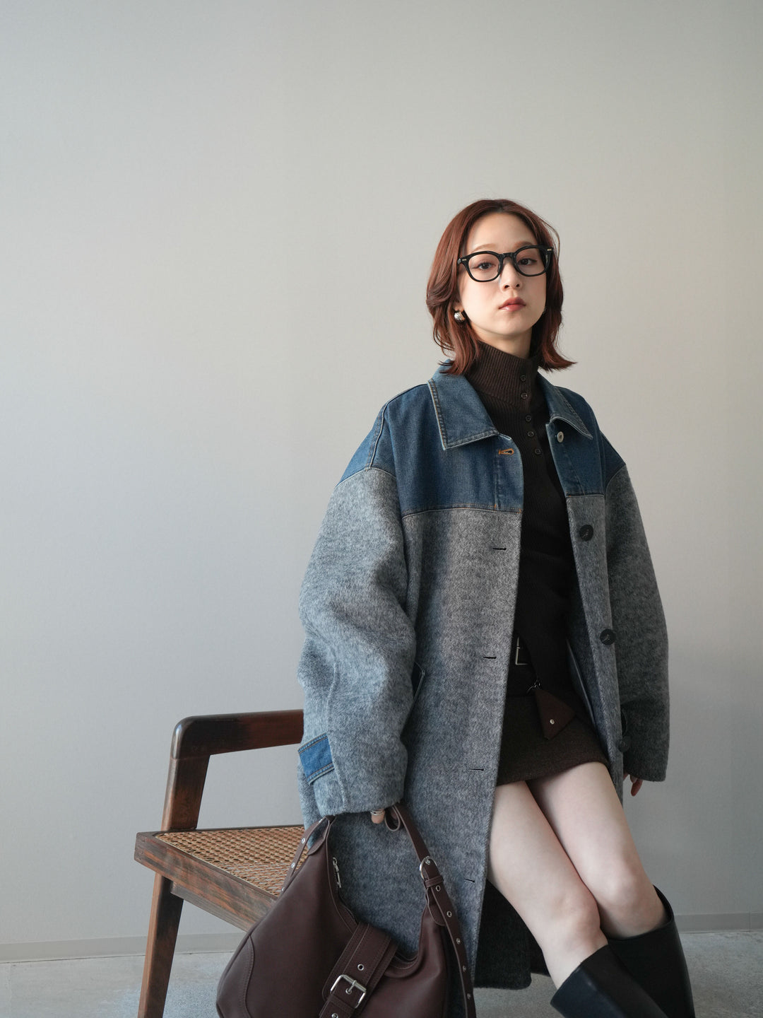 [SET]デニム切替シャギーステンカラーコート+ウールタッチベルト付ミニスカート(2set)