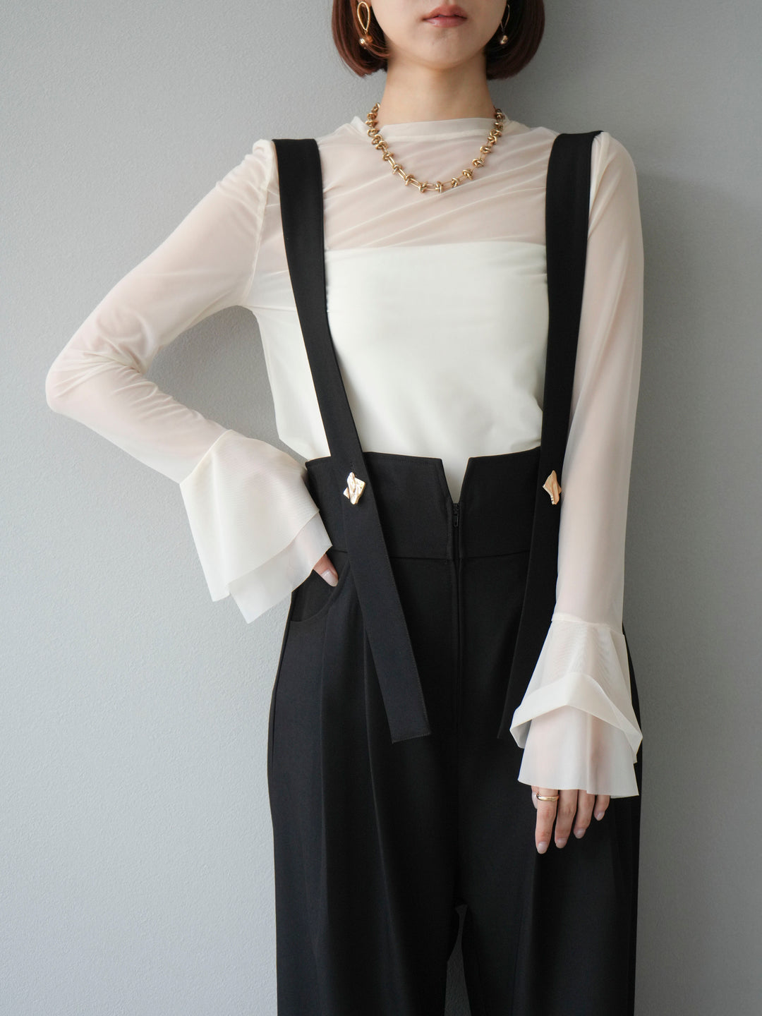 [予約]フレアロングスリーブパワーメッシュトップス/アイボリー