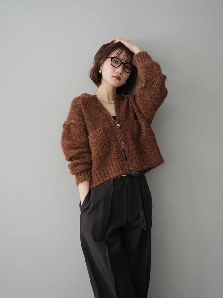 [予約]ミックスヤーンダブルZIPニットカーディガン/brown