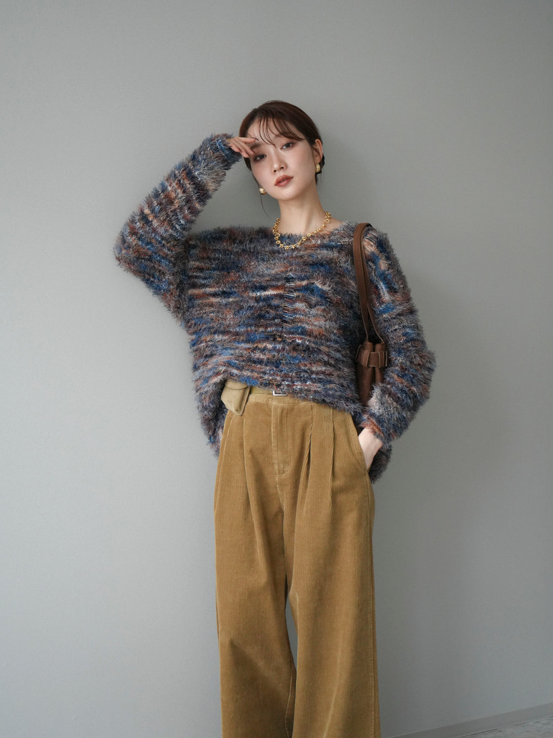 [予約]ミックスシャギールーズニットプルオーバー/blue