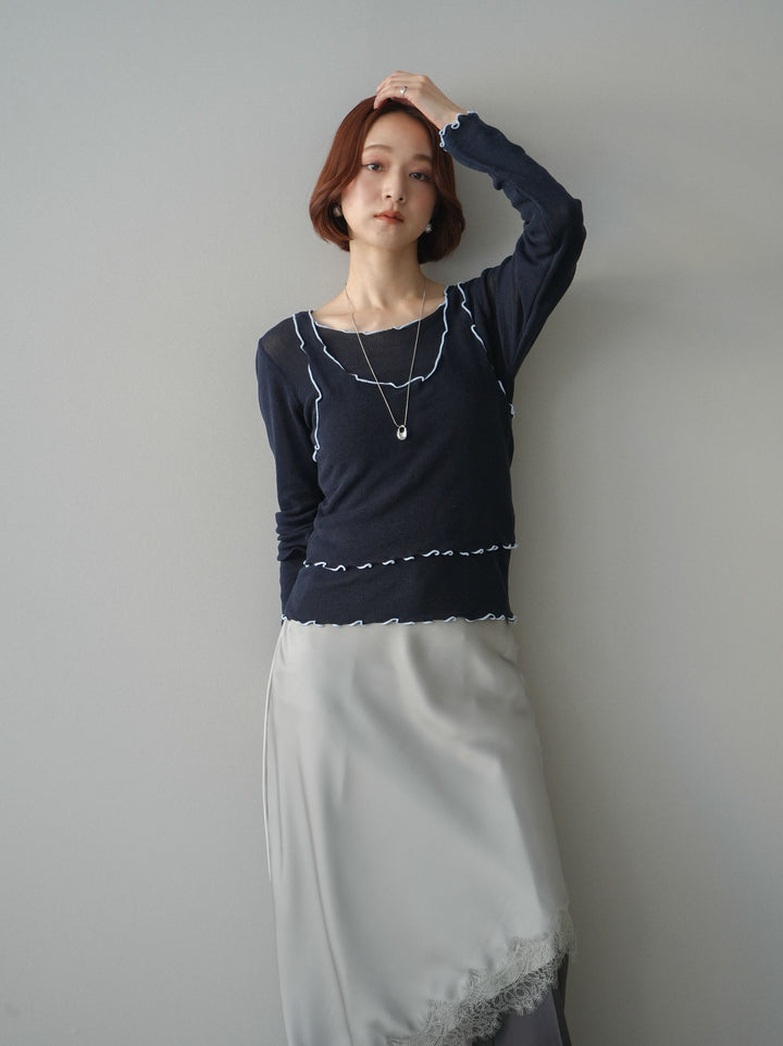 [SET]バイカラーメローアンサンブルシアーニットトップス+センターシームフレアパンツ+サテンライクアシメレーススカート(3set)