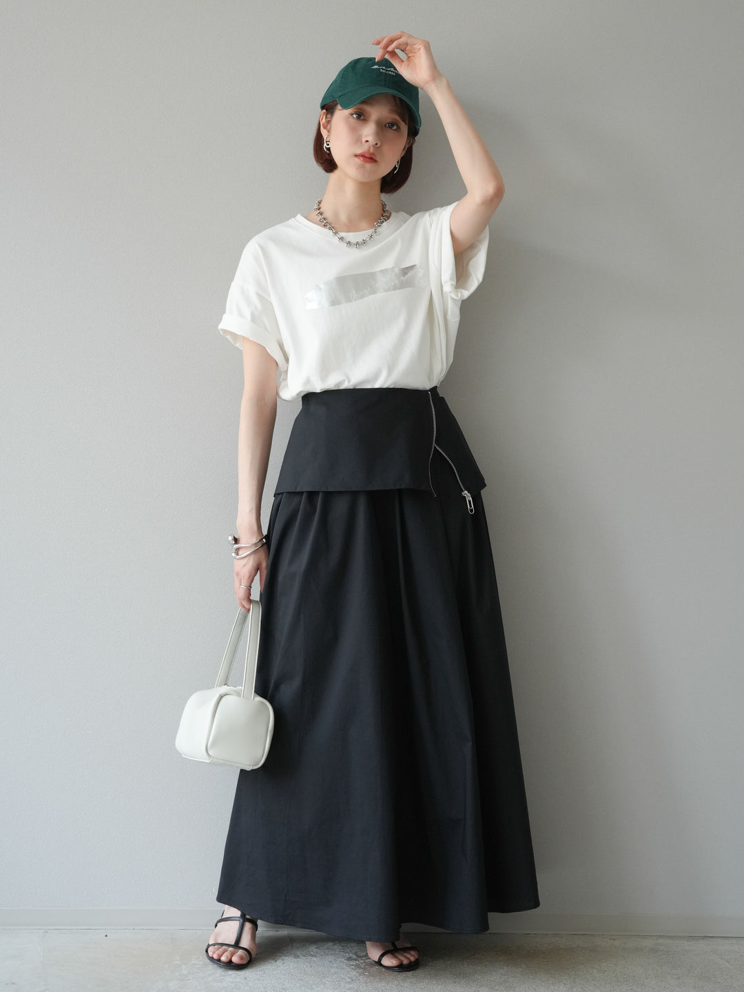 [予約]レイヤードジップデザインブロードフレアスカート/ブラック