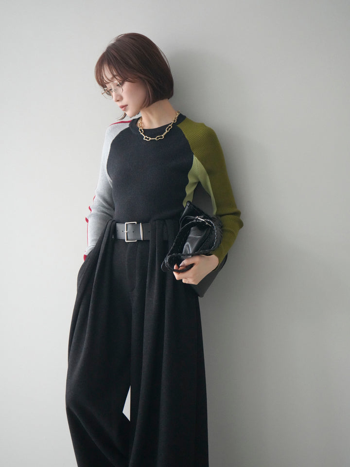 [SET]バイカラーラグランニットトップス+ベルトデザインループウールワイドパンツ(ベルト付)(2set)