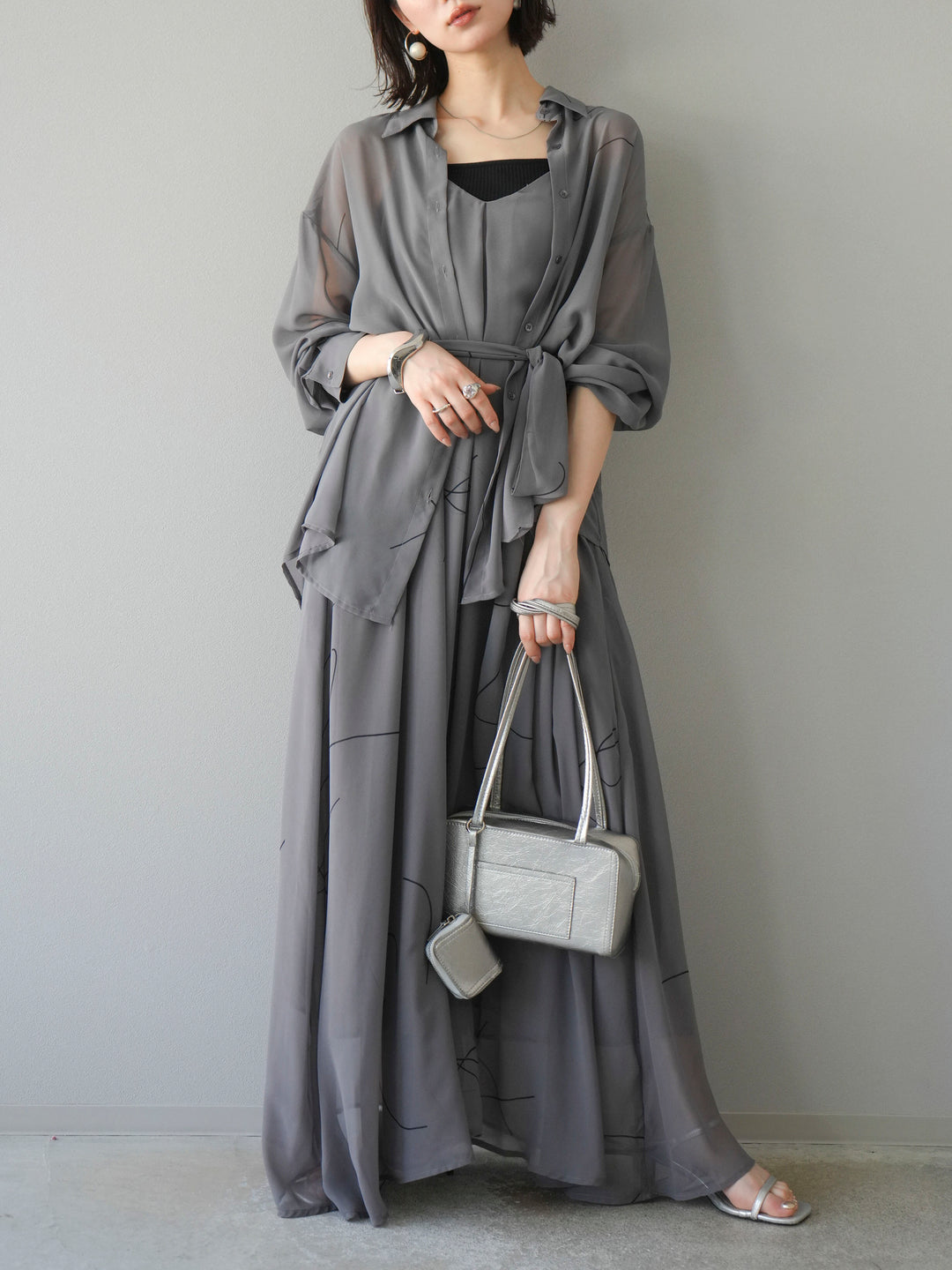 [SET]ペンタッチシフォンキャミワンピース+ペンタッチシフォンシャツ(2set)