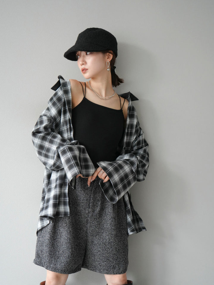 【着回しセット】[SET]レザー襟オンブレチェックオーバーシャツ +クラッシュベロアナロースカート+ツイードハーフパンツ(3set)