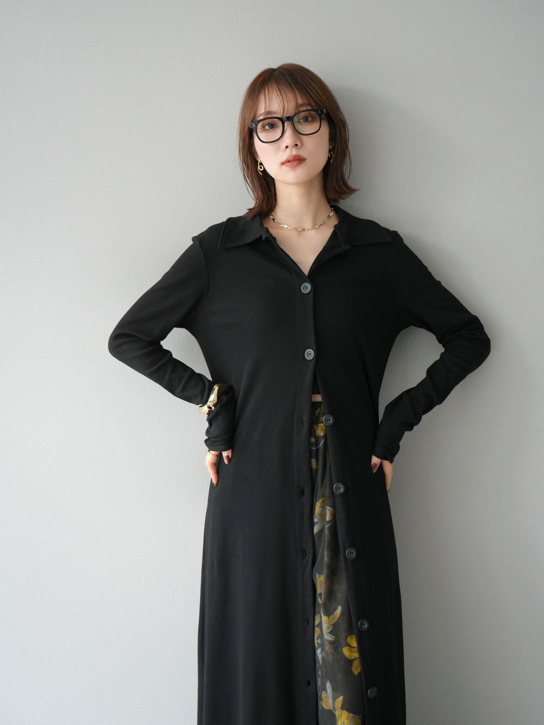 [SET]襟付きカットリブボタンワンピース+フラワープリントチュールレイヤードパンツ(2set)