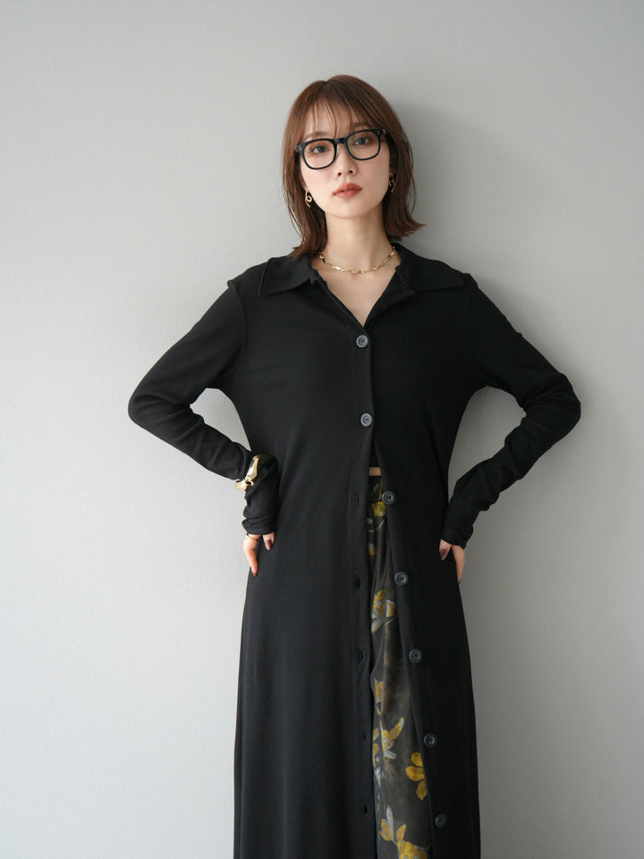 [SET]襟付きカットリブボタンワンピース+フラワープリントチュールレイヤードパンツ(2set)