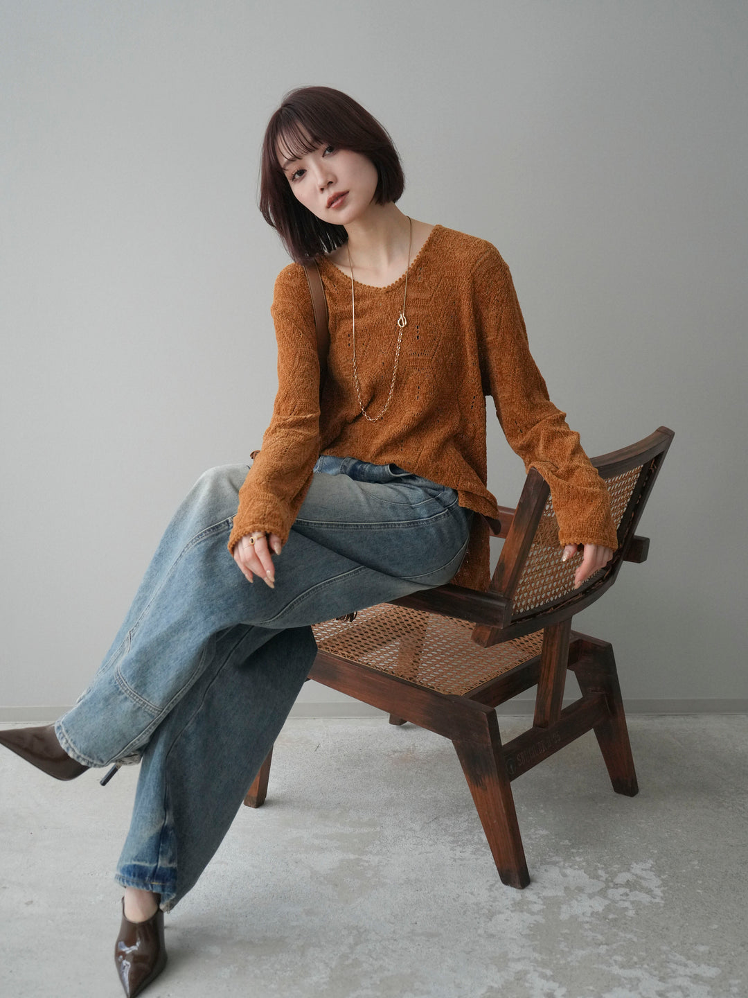 [予約]モール透かし編みニットトップス/camel