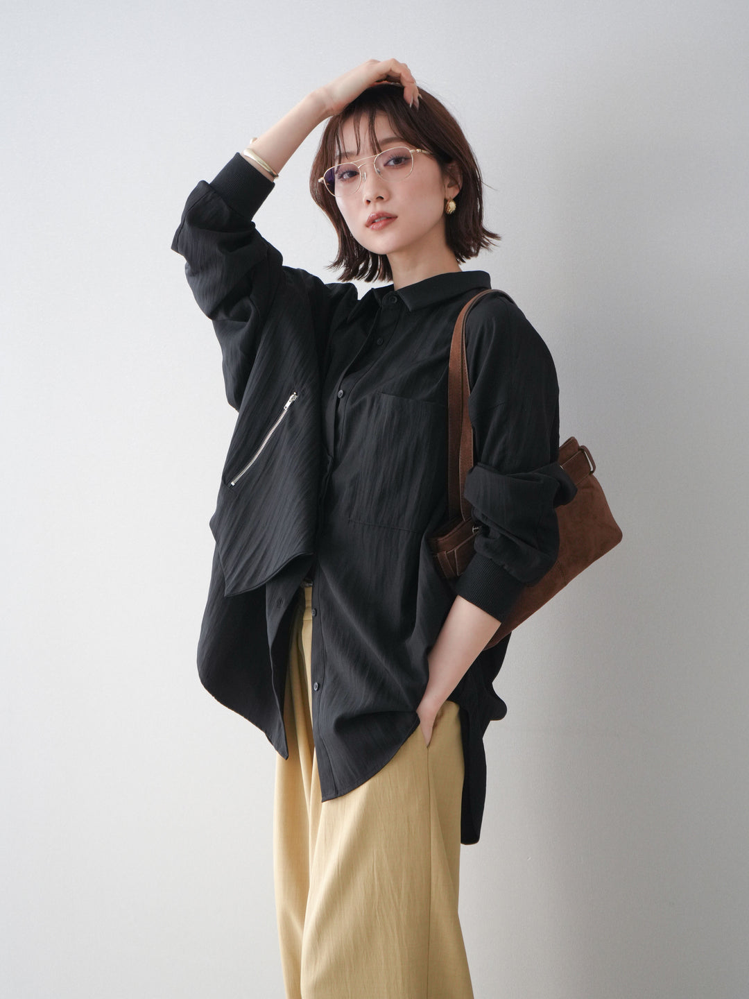 [予約]リブカフスアシンメトリーZIPデザインオーバーシャツ/black