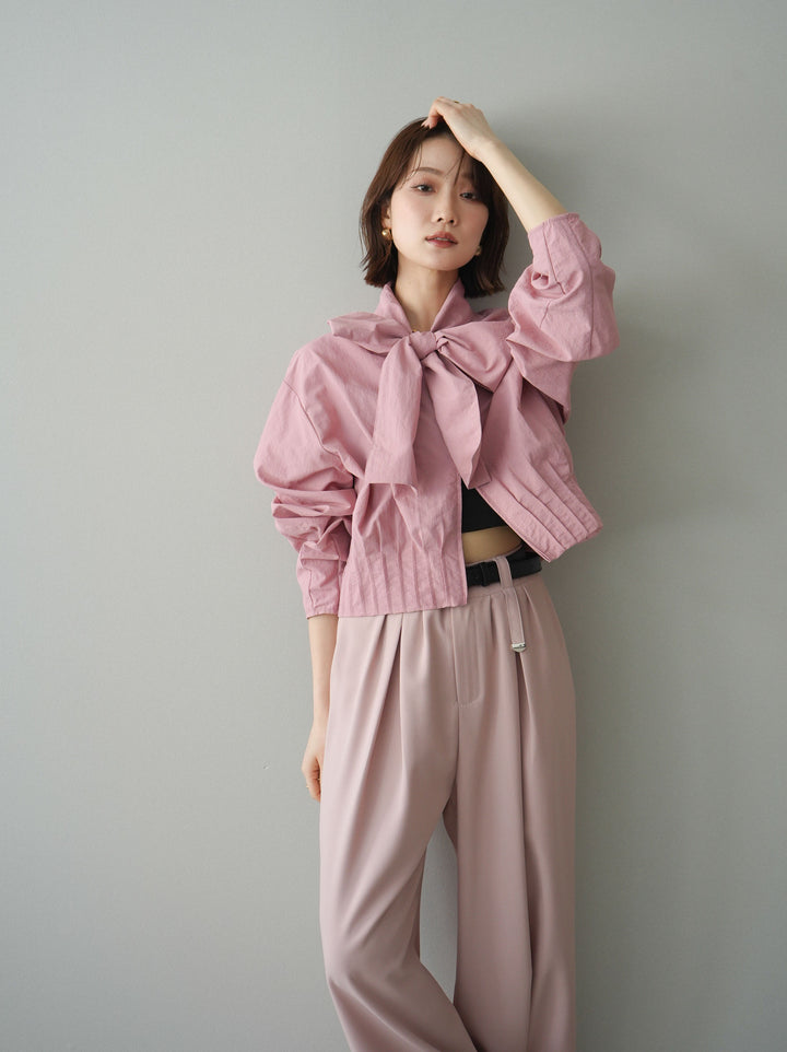 [SET]ボウタイ裾プリーツライトジャケット+ベルト付キーホルダーモチーフワイドパンツ(2set)