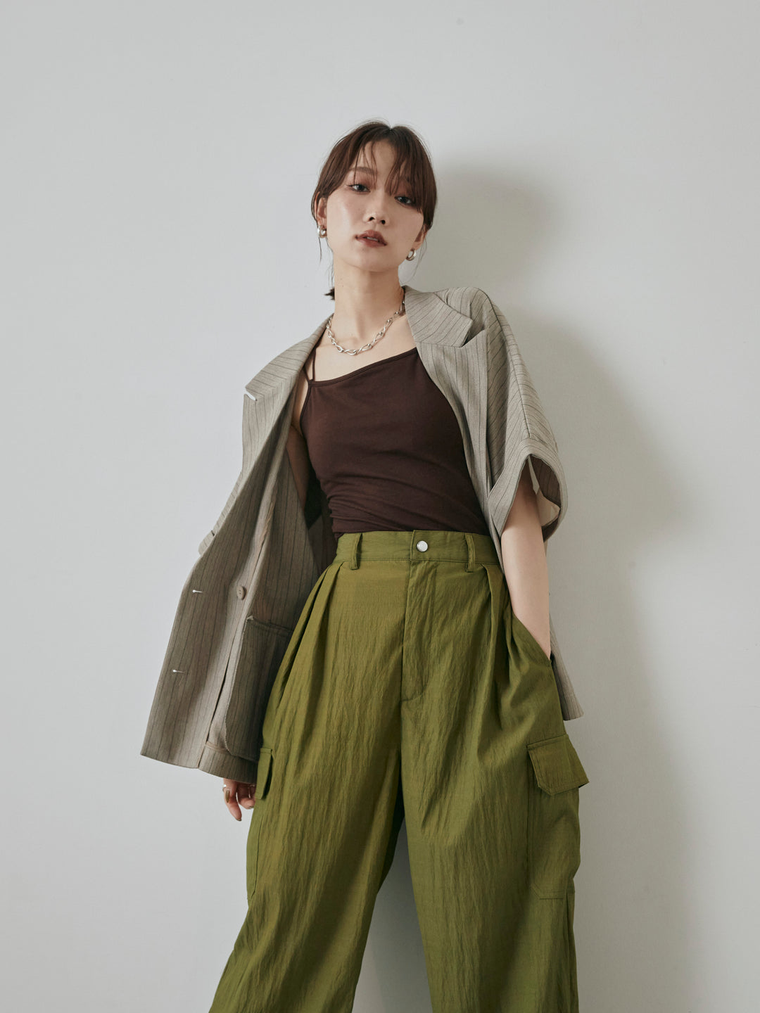 [予約]バックオーガンジーヘリンボーンストライプハーフジャケット/グレージュ