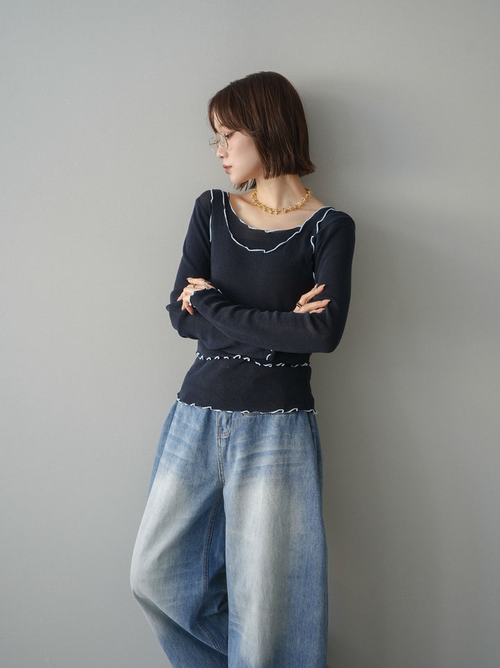 [SET]バイカラーメローアンサンブルシアーニットトップス+フロントポケットサイドタックワイドデニム(2set)