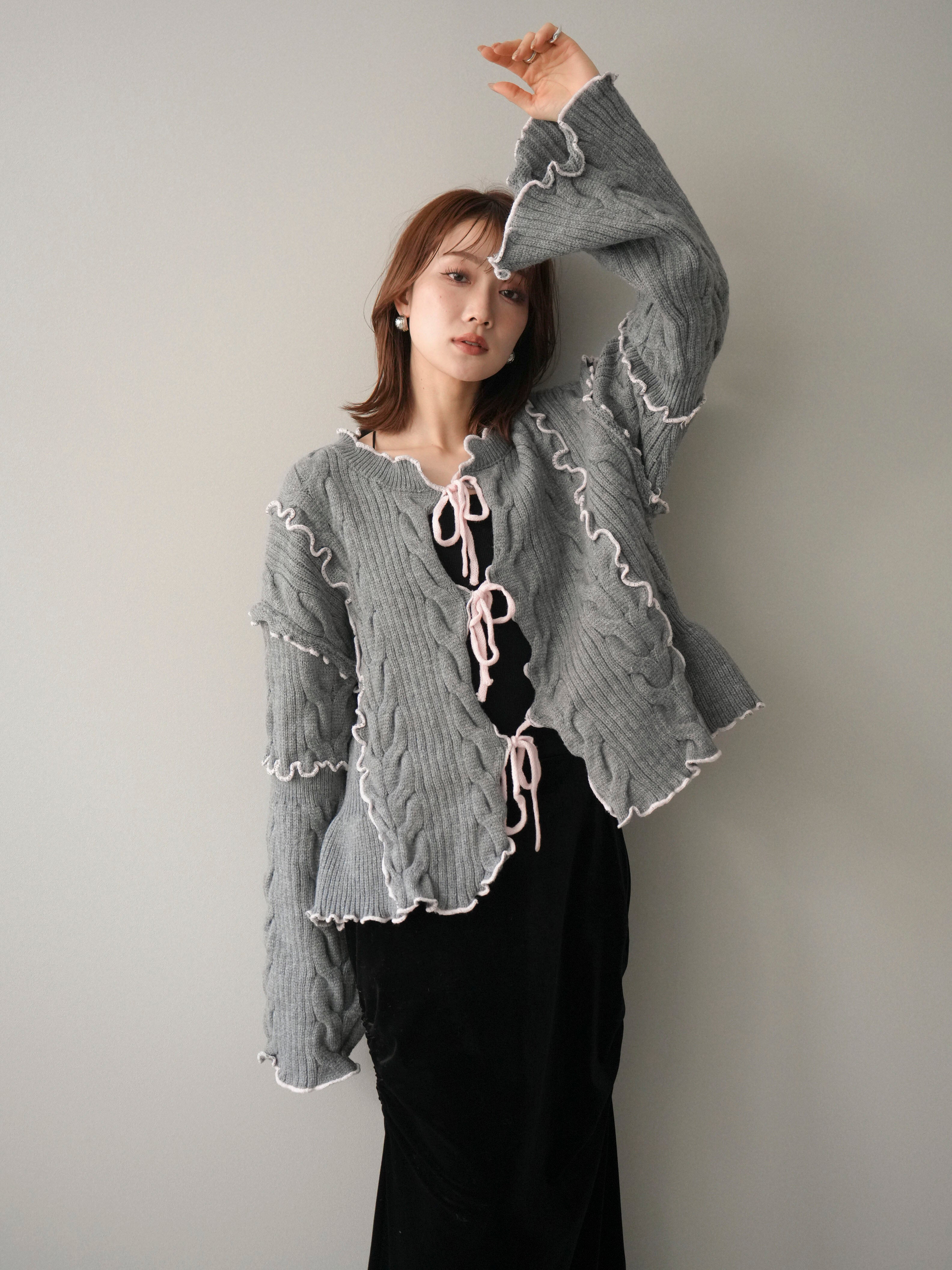 予約]フロントリボン配色メローニットカーディガン/gray – Lumier