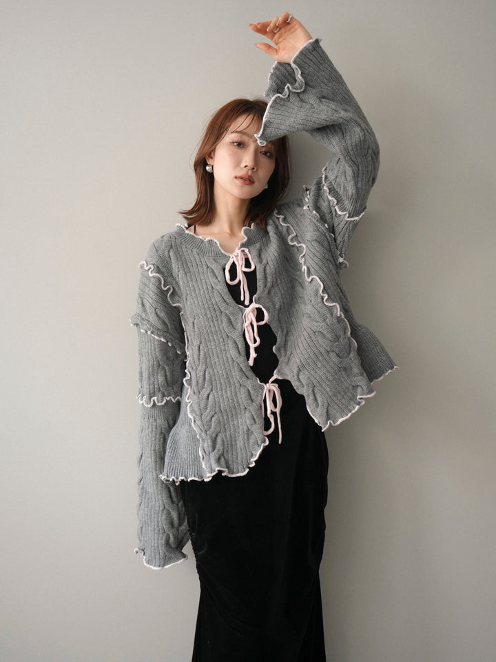 [予約]フロントリボン配色メローニットカーディガン/gray