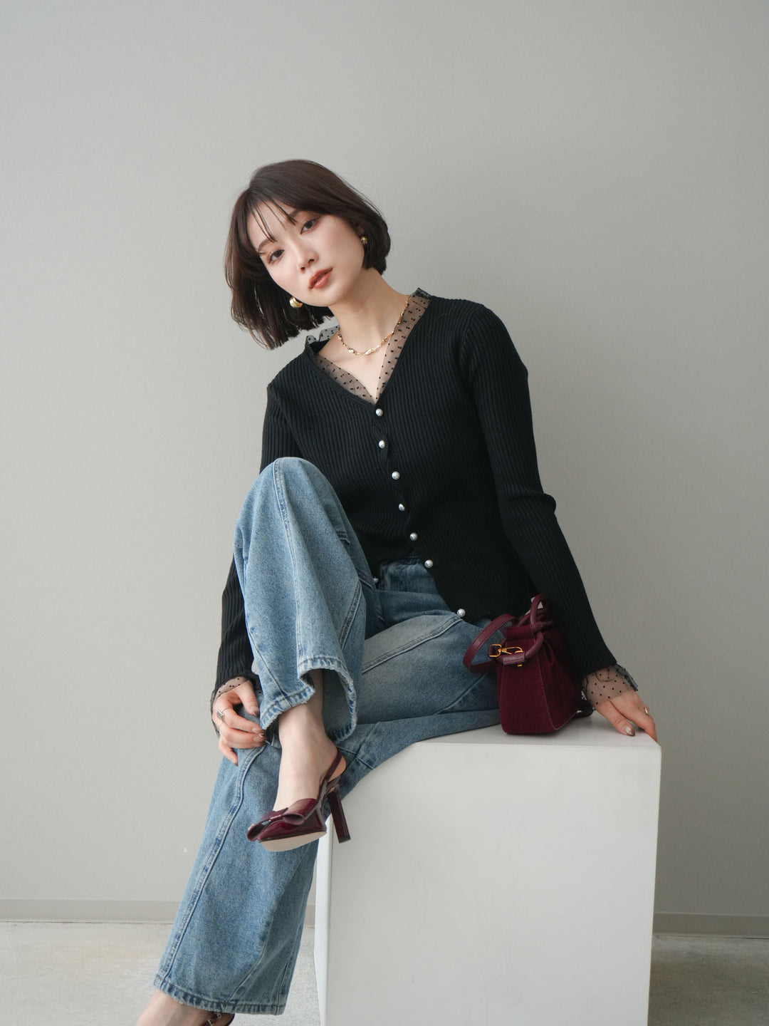 [予約]チュールドッキングパールボタンニットカーディガン/black