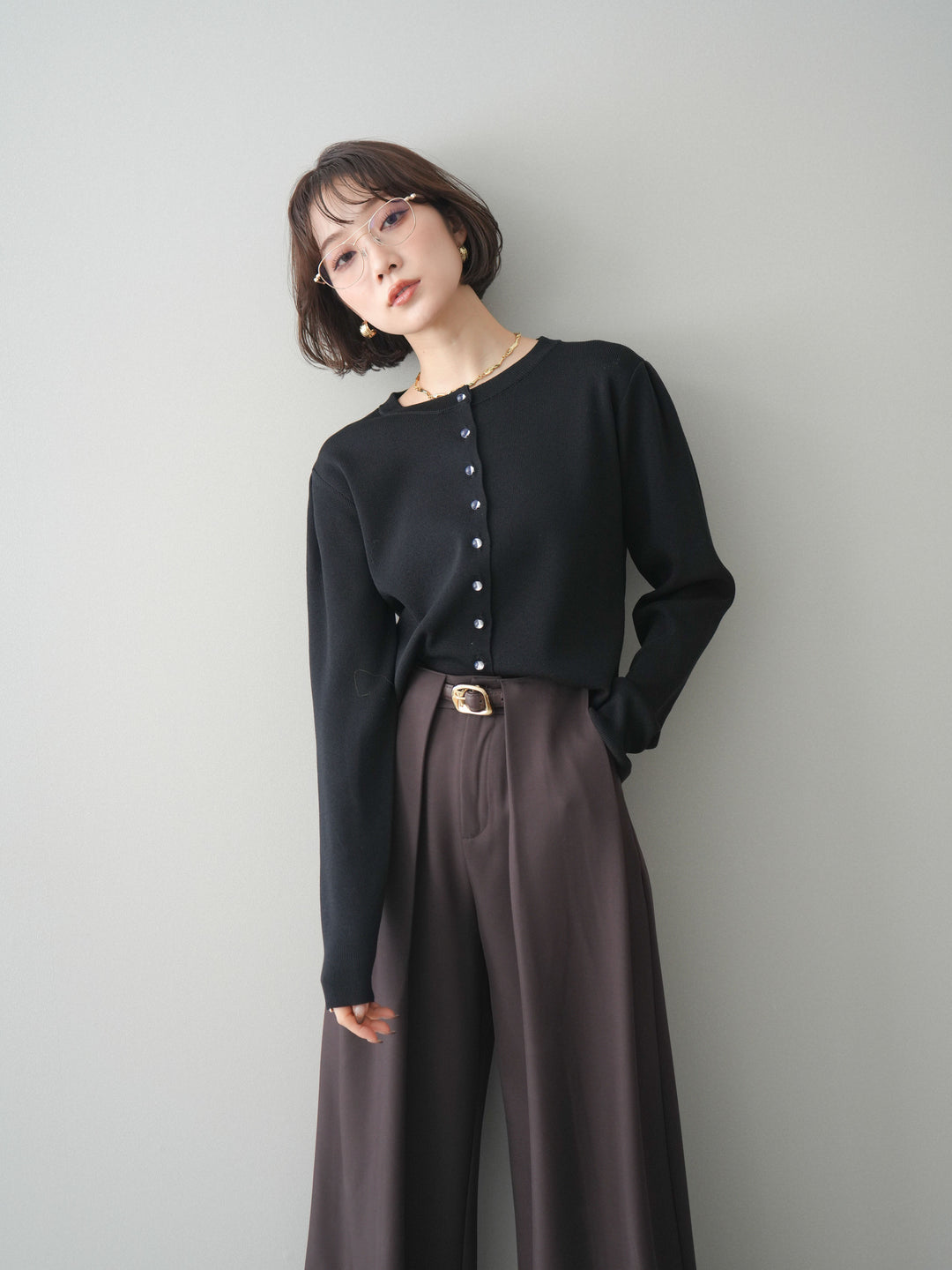 [予約]クリアボタンタックニットカーディガン/black