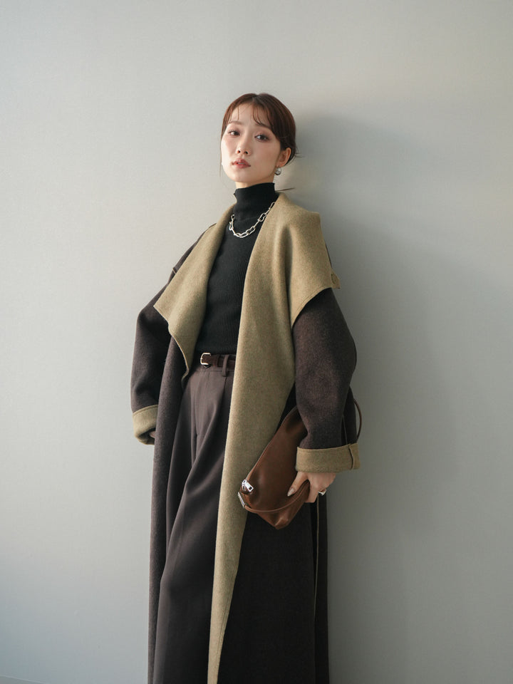 [予約]ダブルフェイスバイカラーロングコート/khaki