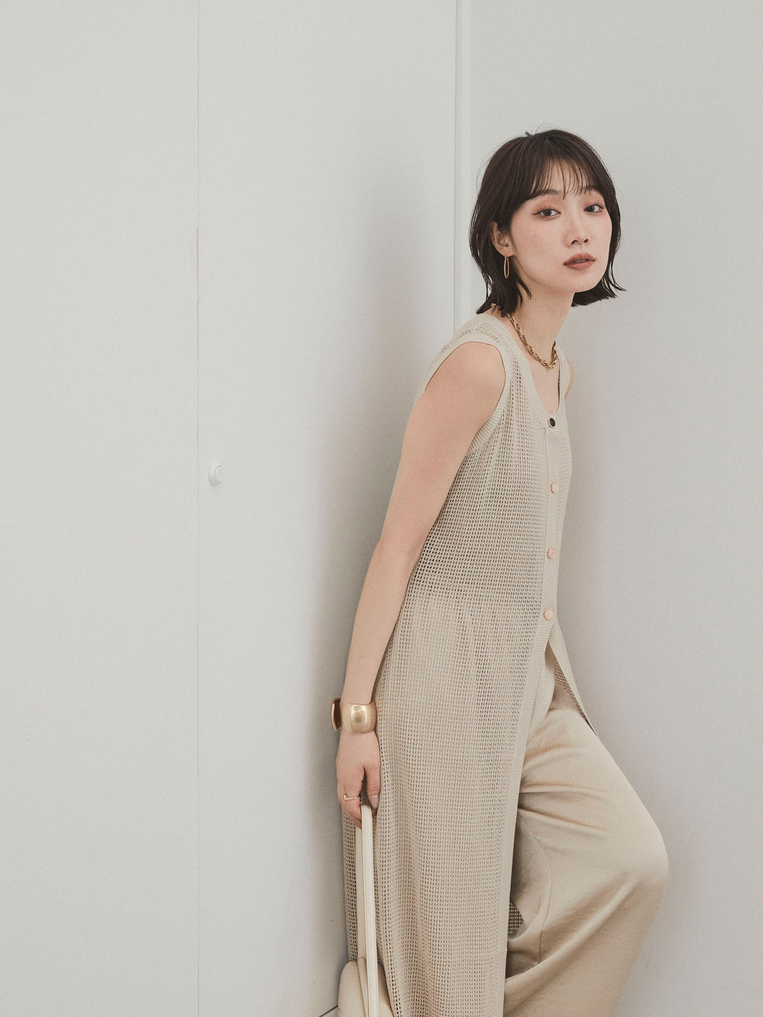 [SET]アソートボタンニットロングジレ+サテンイージーパンツ(2set)