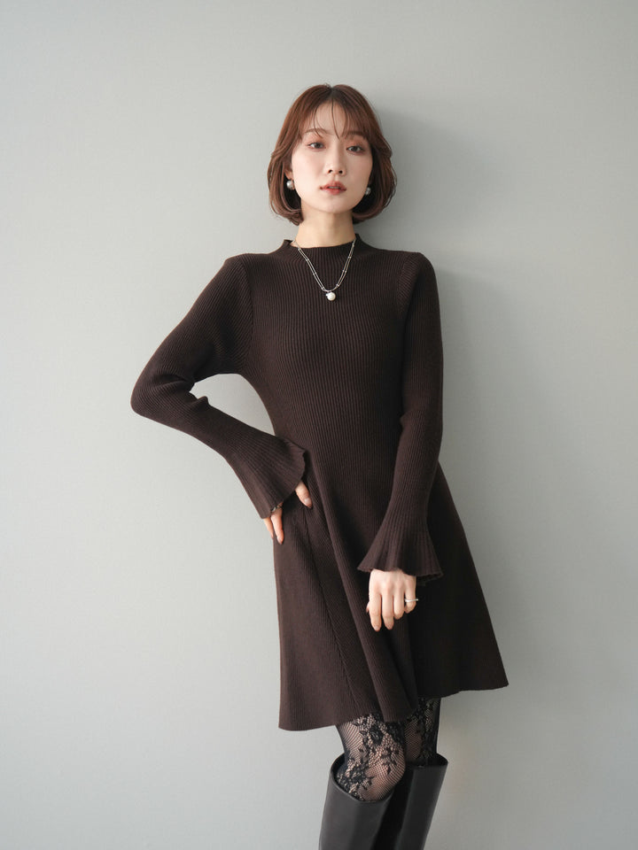 [予約]フレアリブニットミニワンピース/brown
