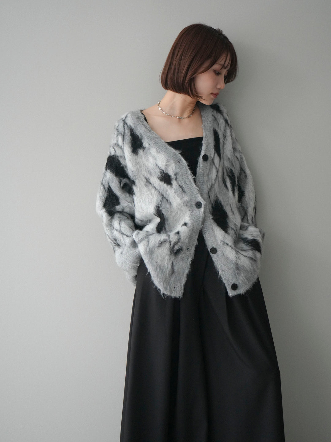 [予約]アーガイル柄シャギーニットカーディガン/gray