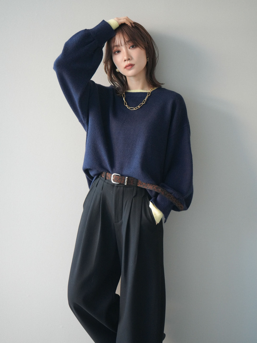 [予約]ヘンリーネック配色レイヤードニットプルオーバー/navy