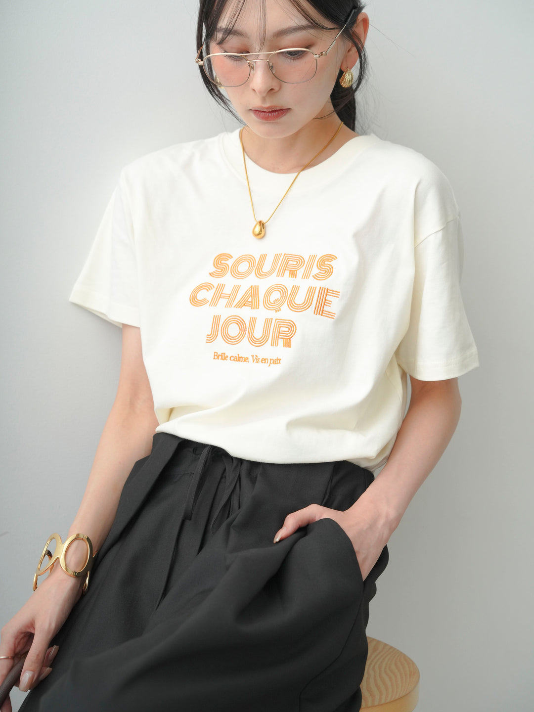 【套裝】Logo刺繡T卹+皮帶環彎腰闊腿褲（兩件套）