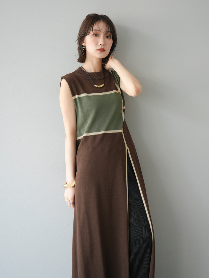 [SET] 配色開衩針織洋裝 + 波浪滾邊休閒褲 (2件套)