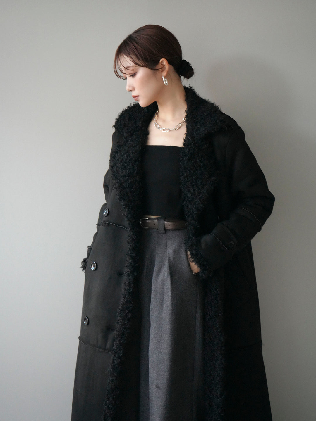 [予約]ムートンロングコート/black
