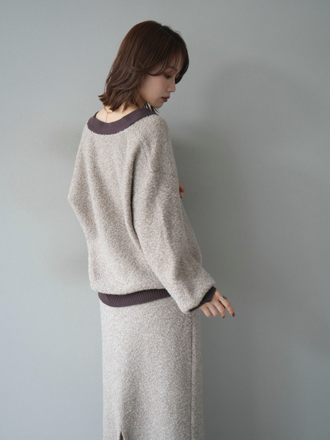 [予約]ブークレバイカラーニットカーディガン/beige