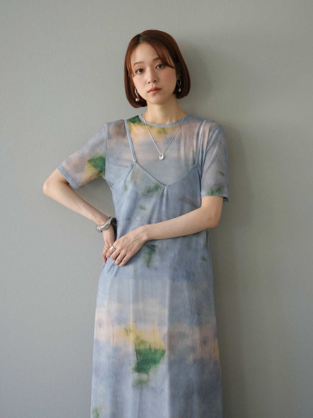 [予約タイダイ柄シアーキャミワンピース/サックス