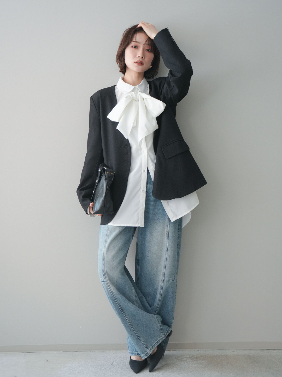 [SET]ノーカラージャケット+ボウタイ付オーバーシャツ+ガーメントウォッシュカーブデニムパンツ(3set)