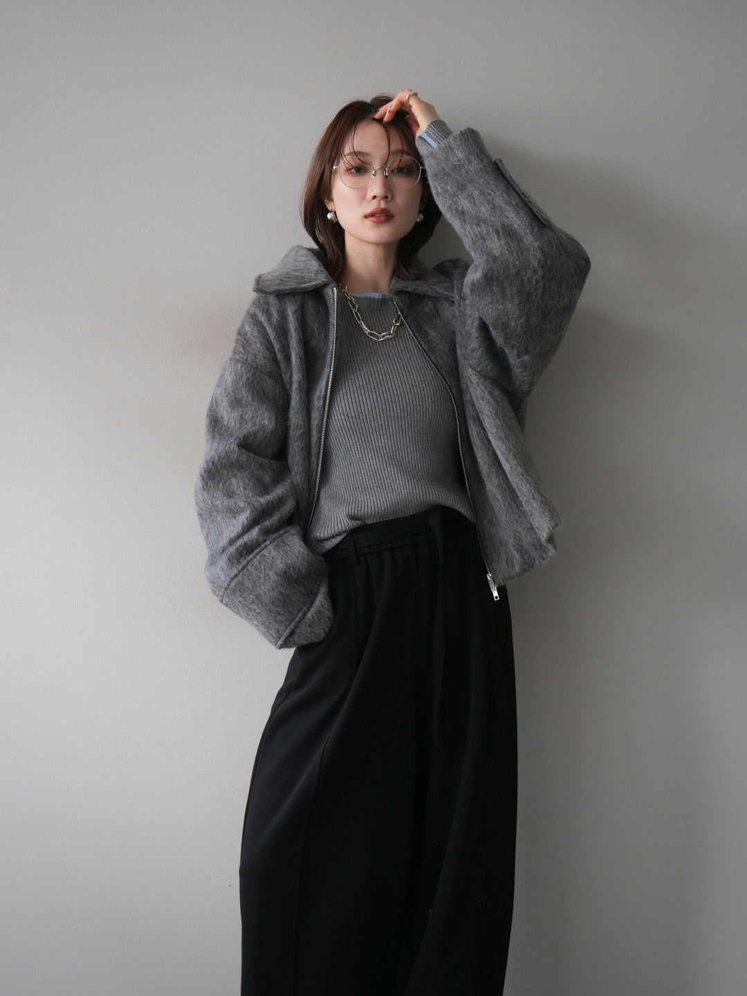 [予約]袖ビックループシャギージップブルゾン/charcoal