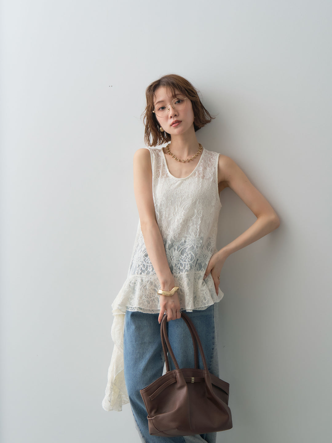 [予約]ラッフルレースアシメペプラムノースリトップス/ivory