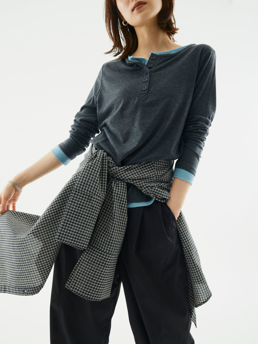 【Allure】[SET]配色レイヤードヘンリーネックトップス+配色レイヤードヘンリーネックトップス(2set)