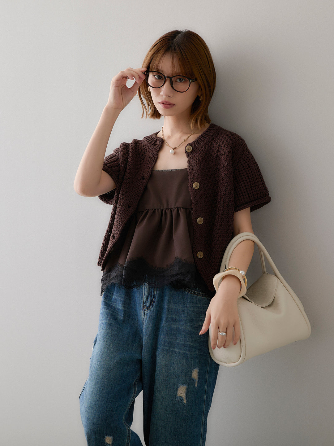 [予約]ローゲージハーフニットカーディガン/brown