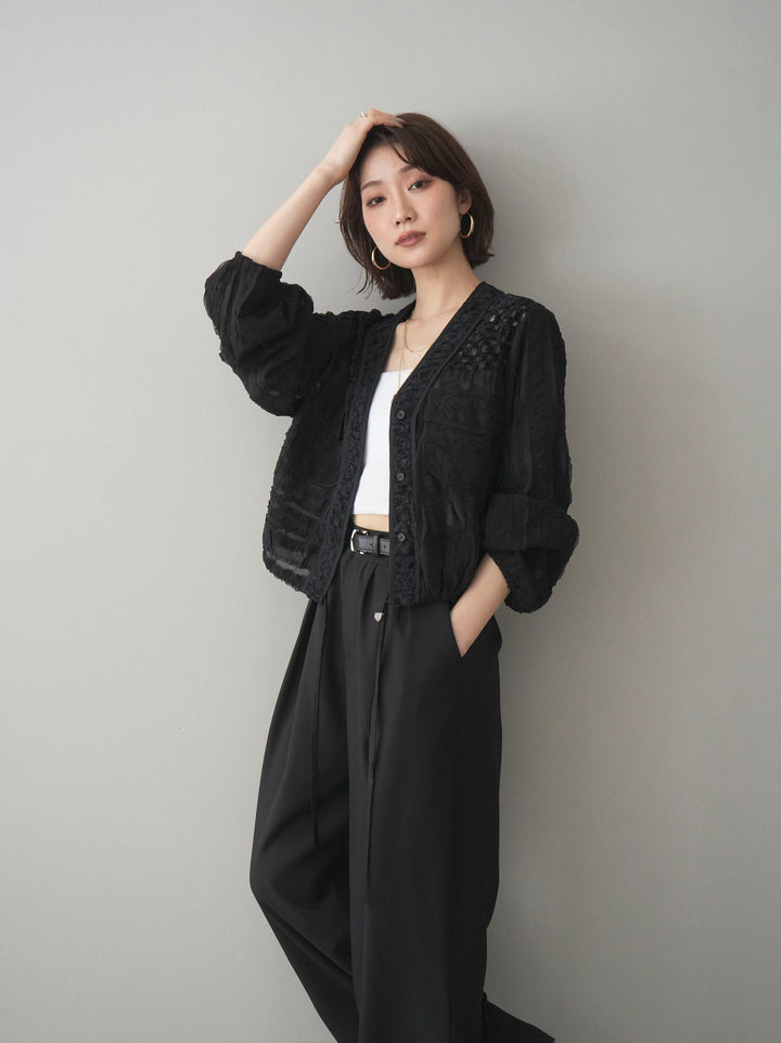 [SET]パッチワークシアーフリルブルゾン+カップ付テレコリブベアキャミソール(2set)