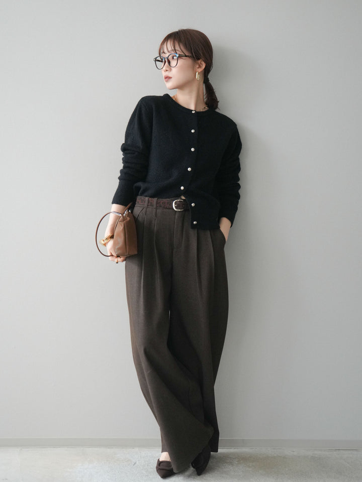 [SET]アンティークボタンニットカーディガン+アニマル柄ベルト付きウールタッチワイドパンツ(2set)