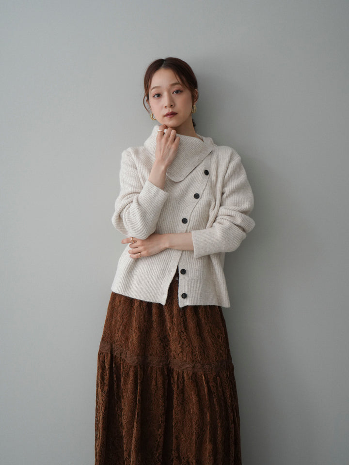 [SET]ハイネックデザインボタンニットカーディガン+起毛レースティアードスカート(2set)