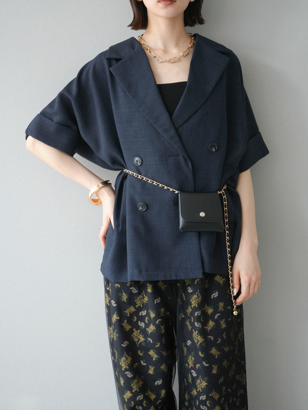 [SET]リネンライクハーフテーラードジャケット+コード刺繍チュールレイヤードパンツ(2set)